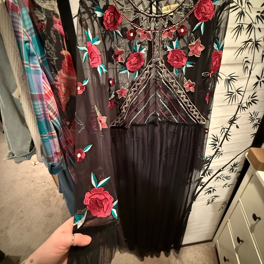 Frock and frill Black Floral Embroidered and beaded Dress, size 20